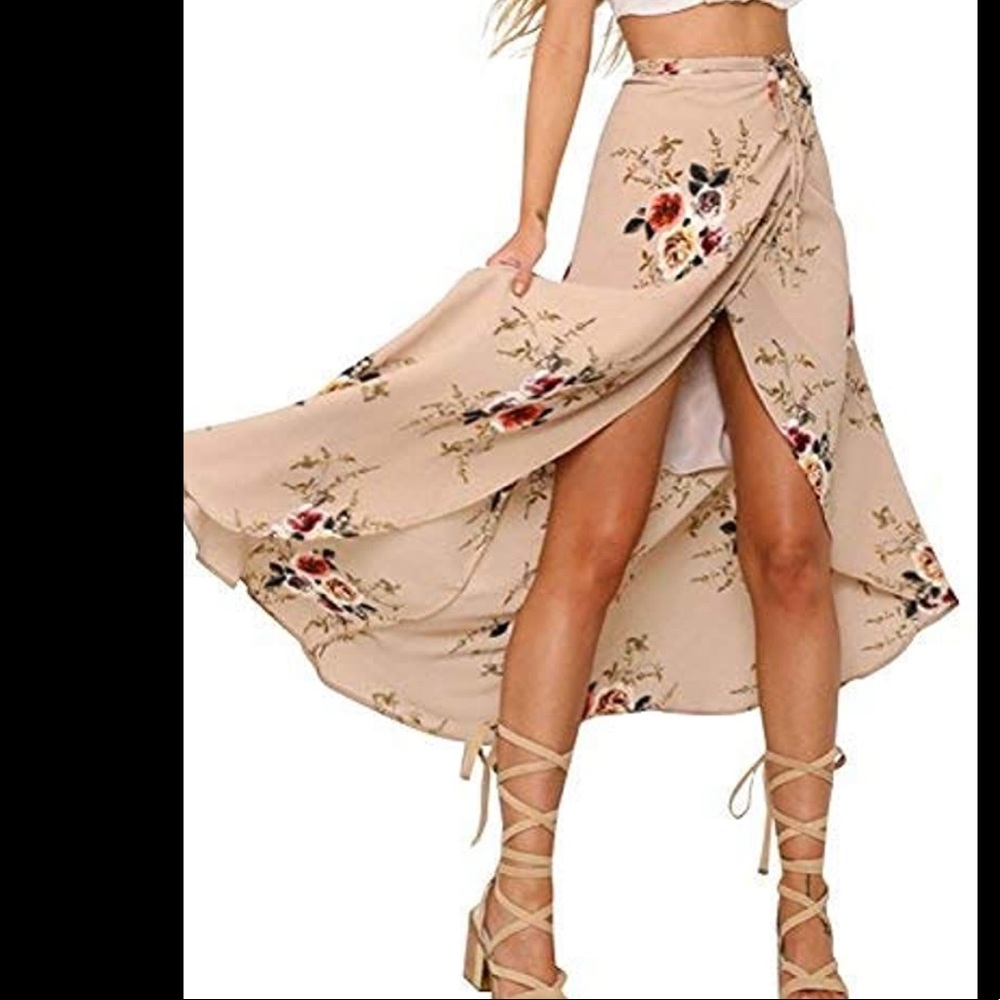 Floral Wrap Maxi Skirt in Beige